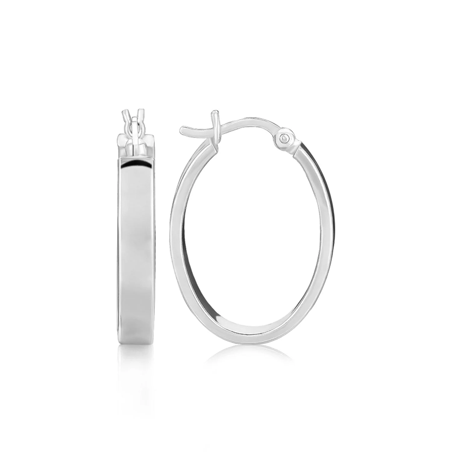 Sterling Silver Flat Style Oval Hoop Earrings with Rhodium Plating - Image 2