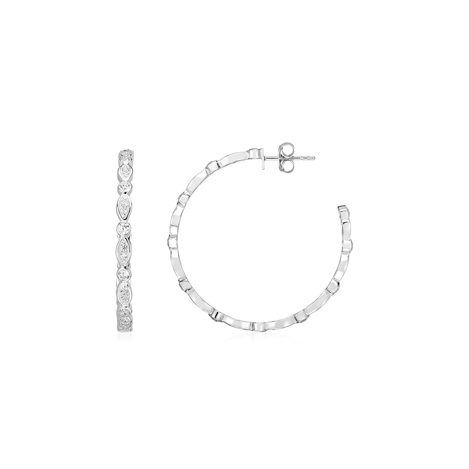 Sterling Silver Hoop Earrings with Round and Marquise Cubic Zirconias - Image 2