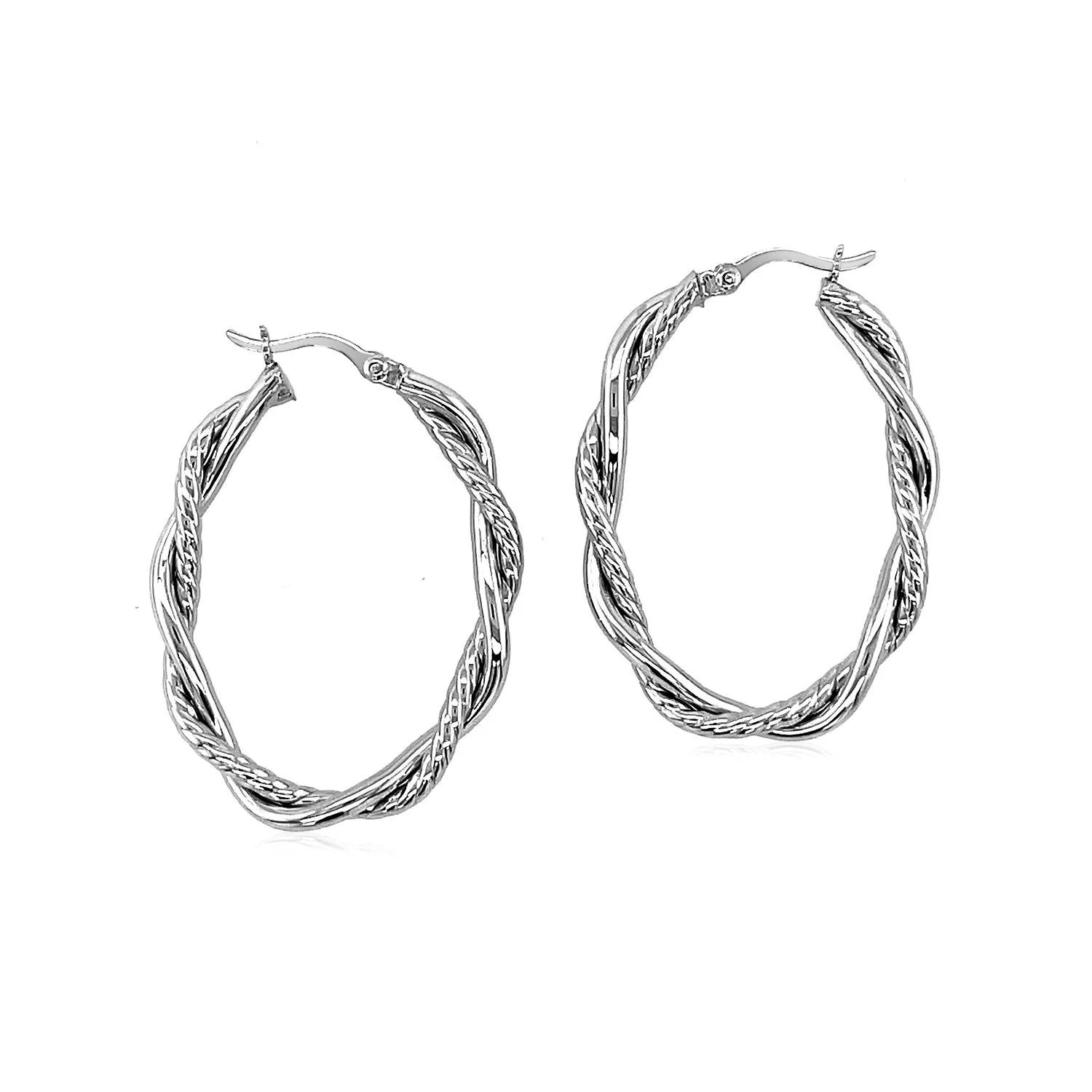 Sterling Silver Oval Hoop Braided Diamond Cut Earrings - Image 4