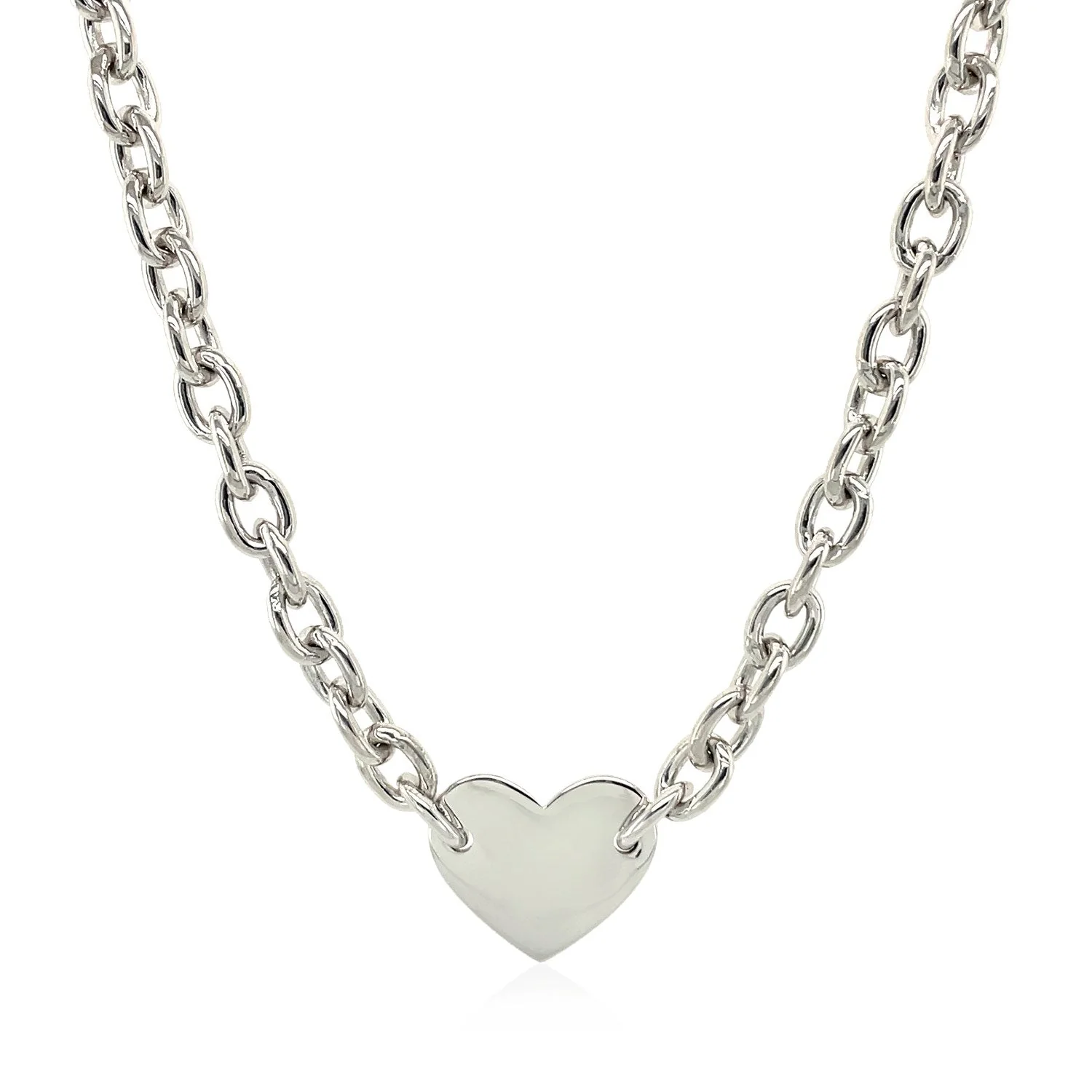 Sterling Silver Rhodium Plated Chain Bracelet with a Flat Heart Motif Station - Image 8