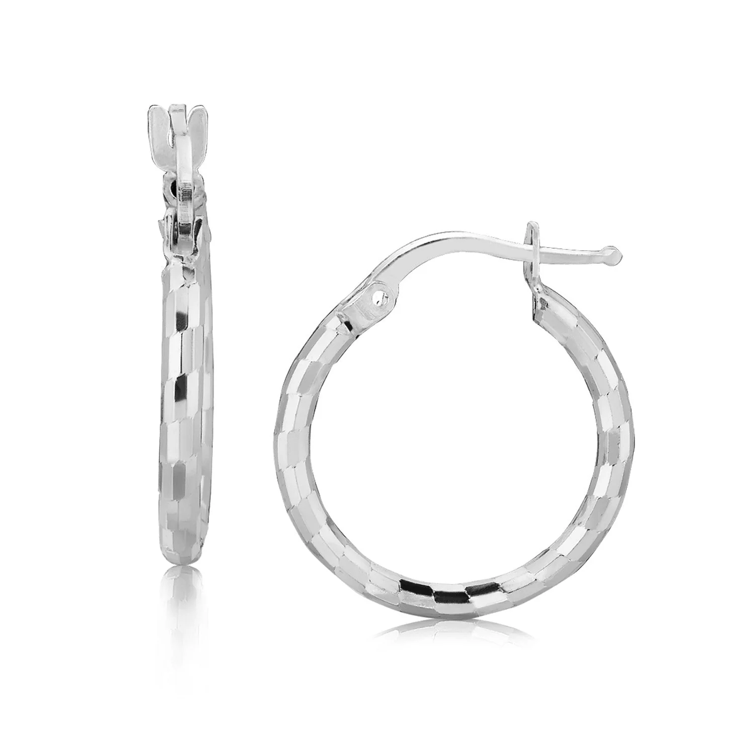 Sterling Silver Rhodium Plated Diamond Cut Small Hoop Earrings (15mm) - Image 2