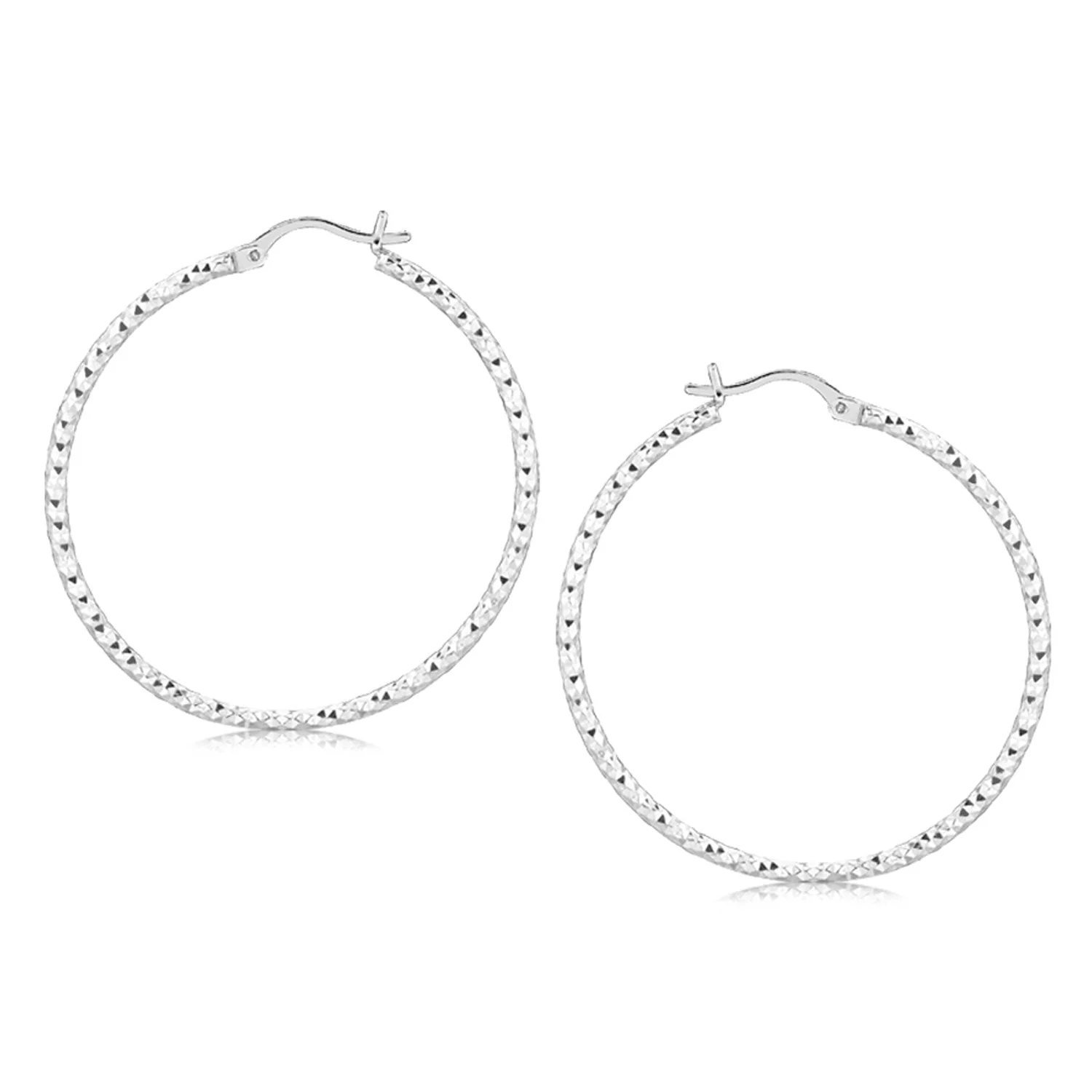 Sterling Silver Rhodium Plated Large Faceted Style Hoop Earrings - Image 2