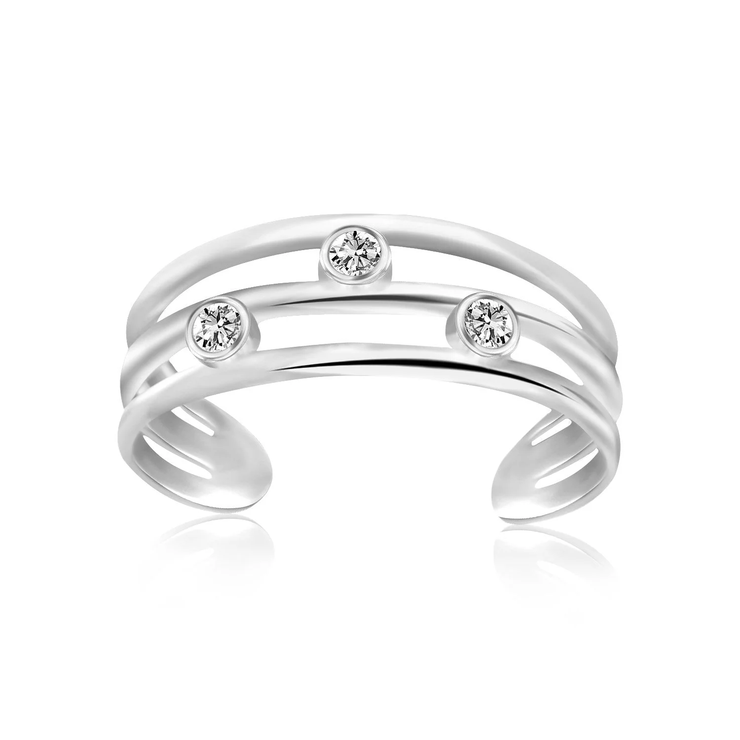 Sterling Silver Rhodium Plated Triple Line Open Motif Cubic Zirconia Toe Ring - Image 3