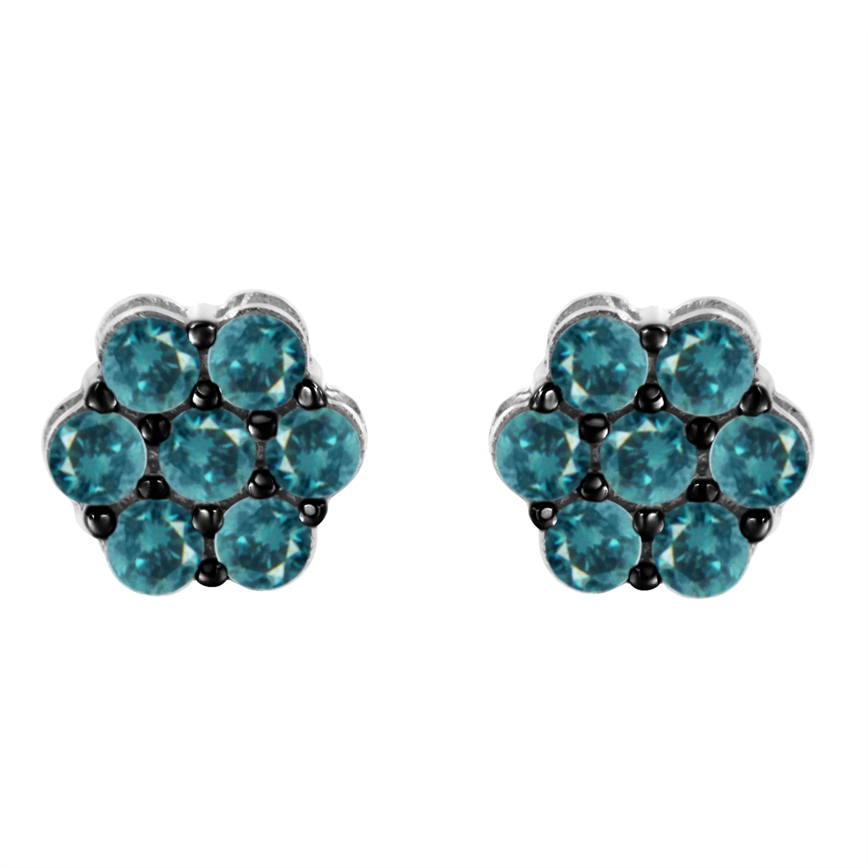 Sterling Silver Treated Blue Diamond Floral Stud Earrings (1 cttw, Blue Color, I2-I3 Clarity) - Image 5