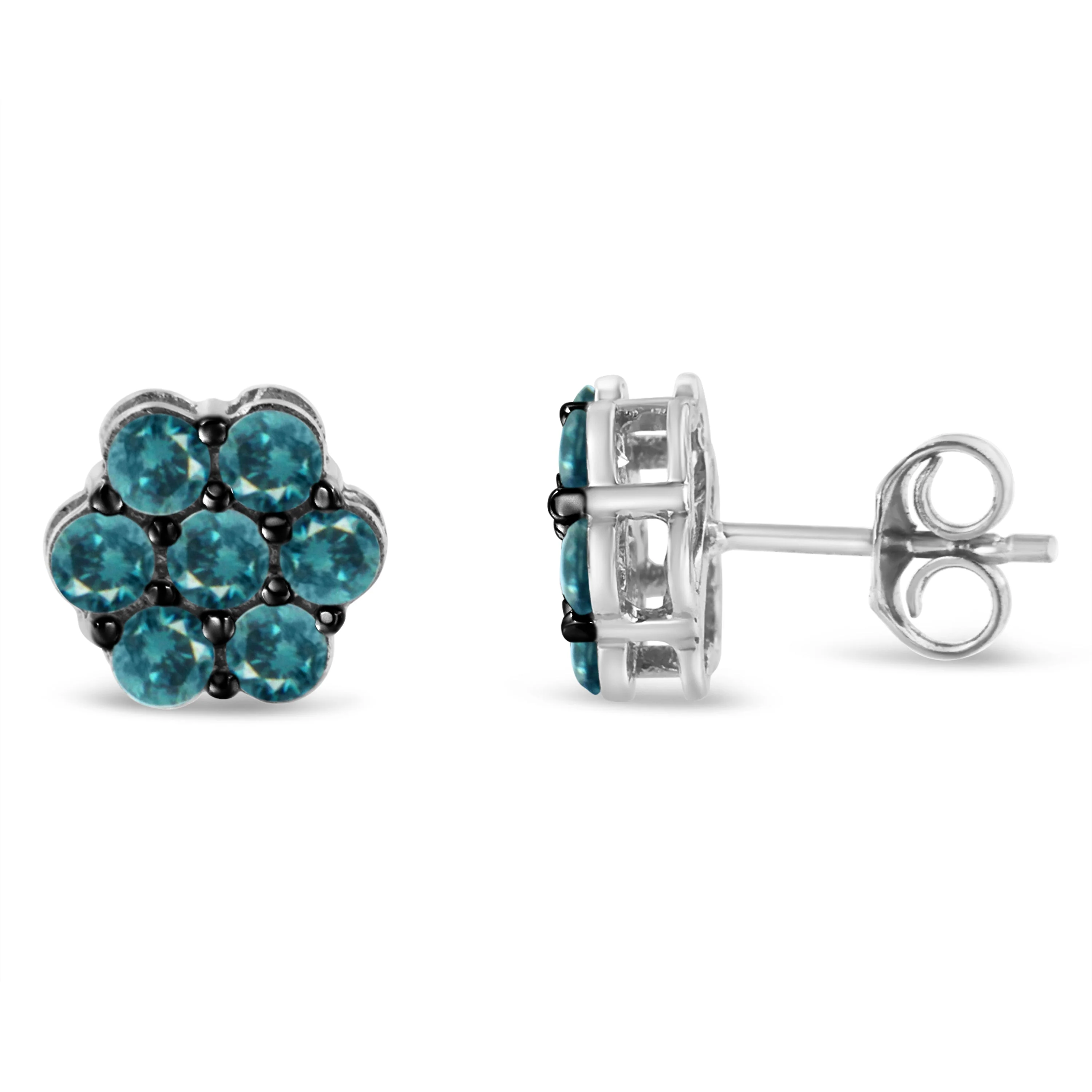 Sterling Silver Treated Blue Diamond Floral Stud Earrings (1 cttw, Blue Color, I2-I3 Clarity) - Image 6
