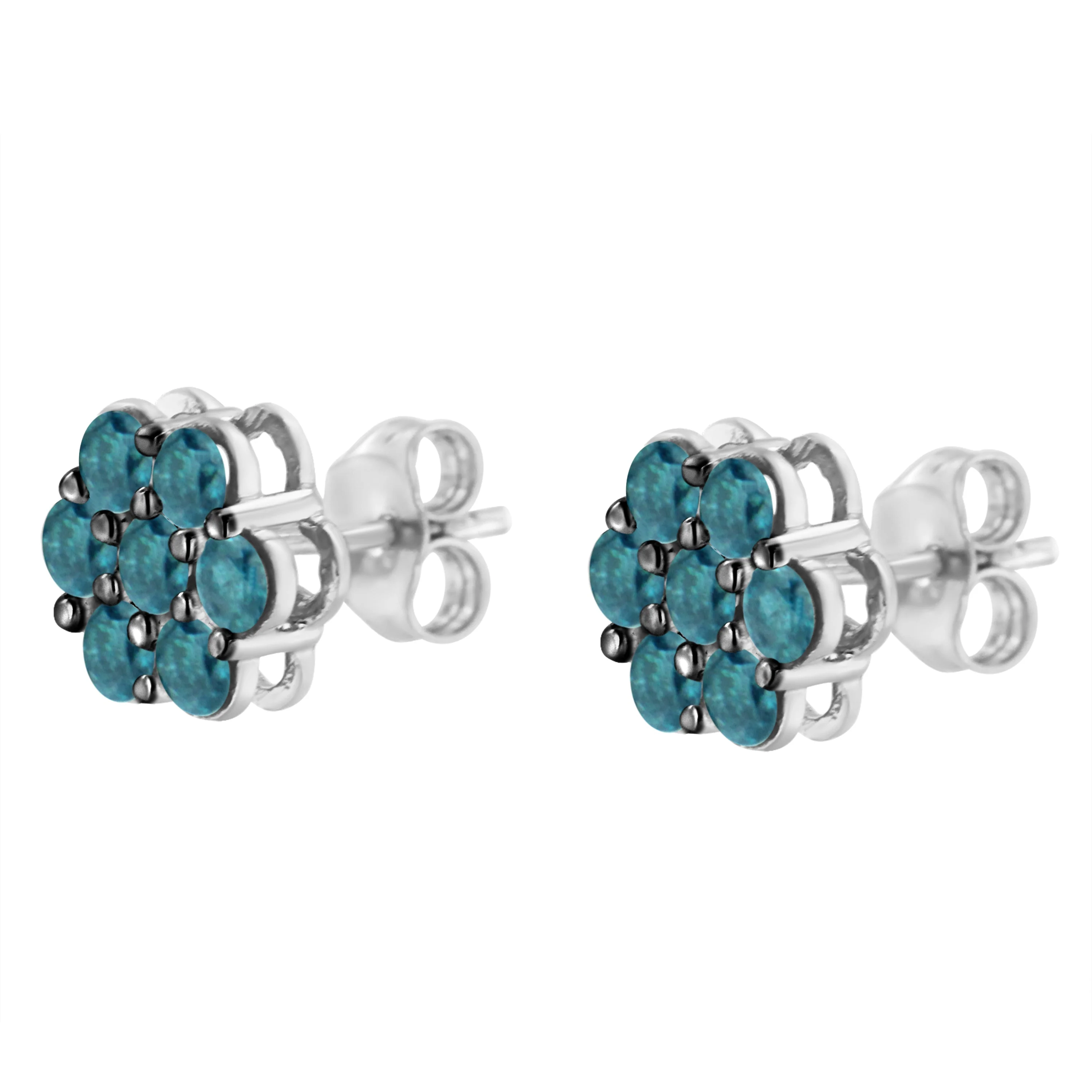 Sterling Silver Treated Blue Diamond Floral Stud Earrings (1 cttw, Blue Color, I2-I3 Clarity) - Image 7