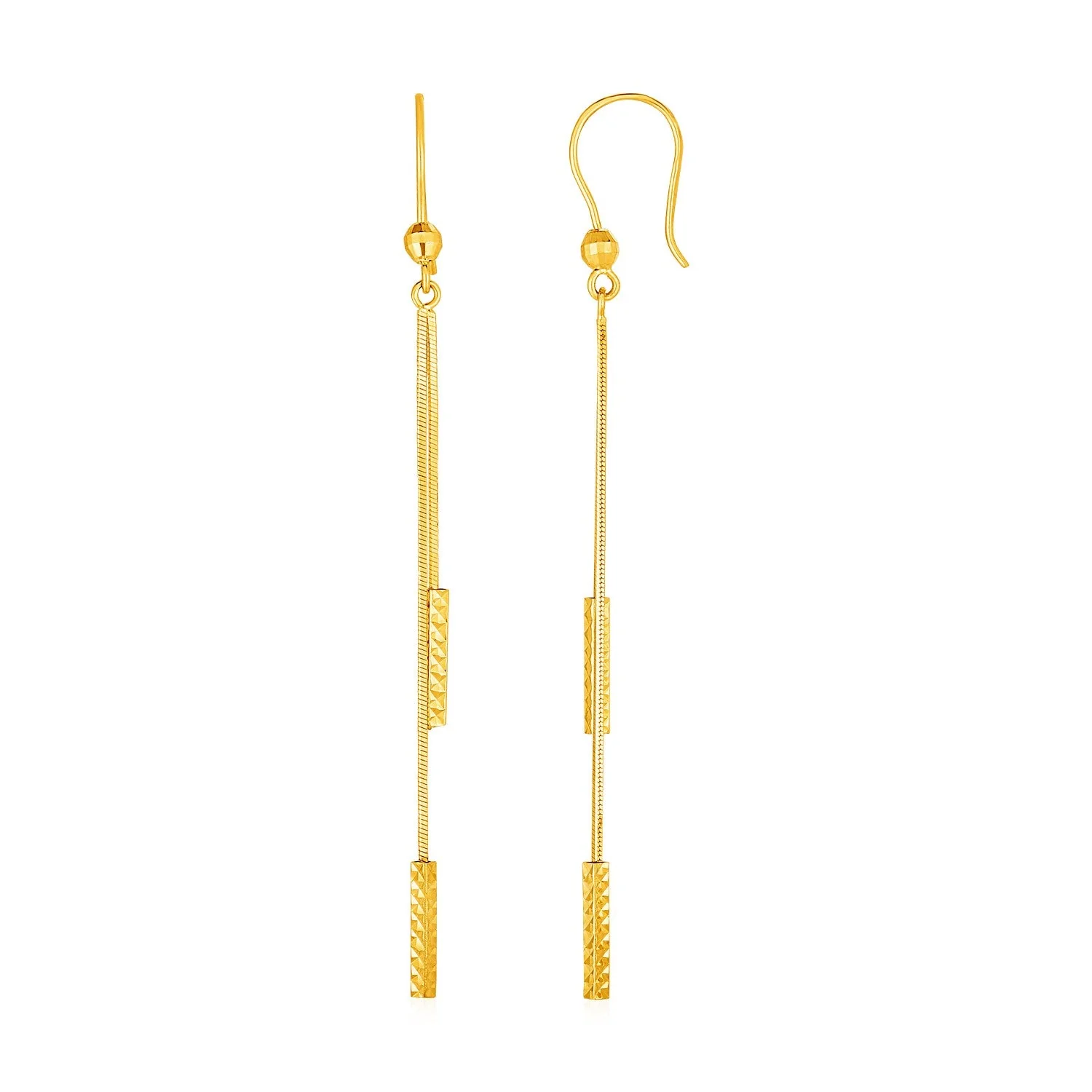 Textured Bar Long Drop Earrings in 14k Yellow Gold - Image 2