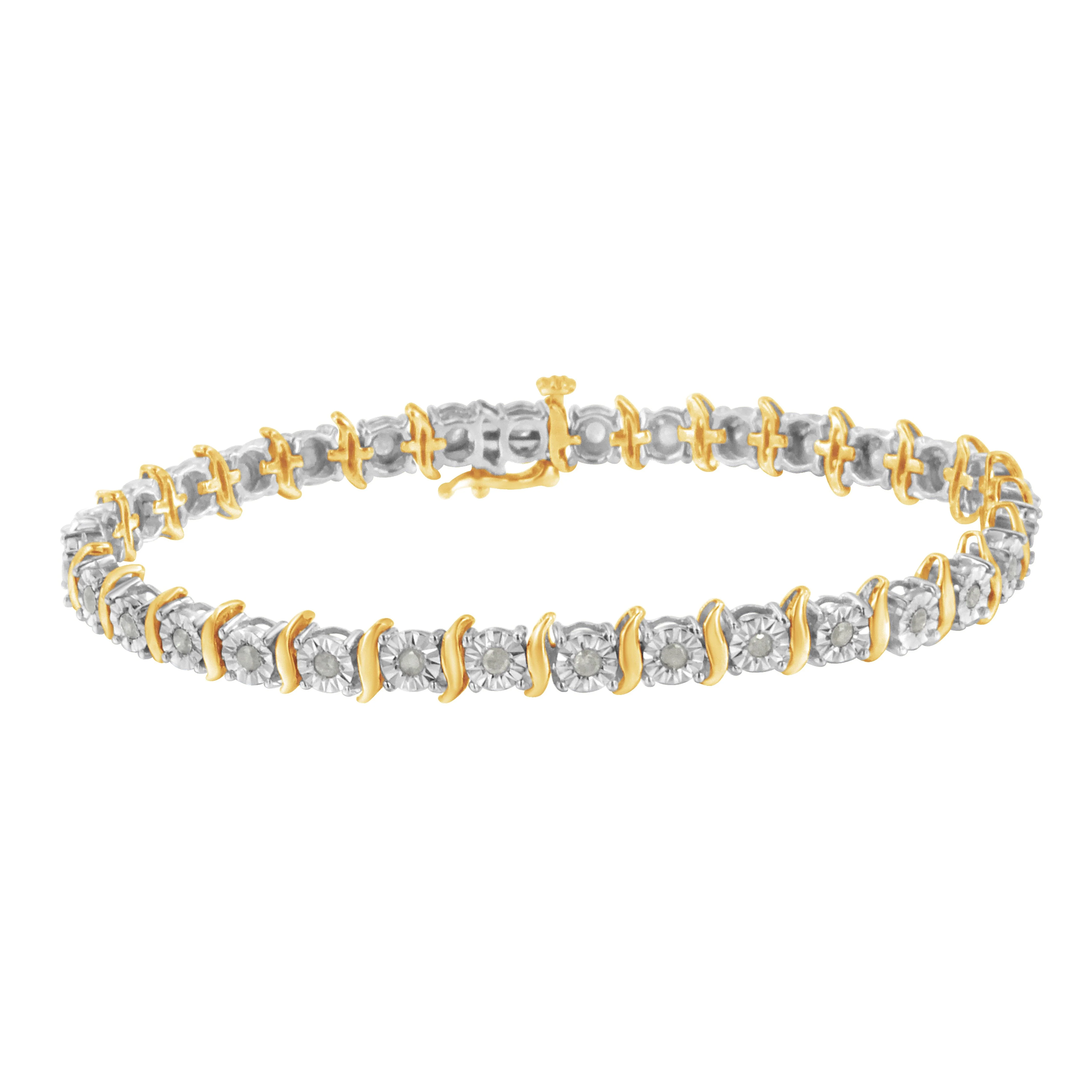 Two-Tone 10K Yellow Gold over .925 Sterling Silver 1.0 Cttw Diamond S-Curve Link Miracle-Set Tennis Bracelet (I-J Color, I3 Clarity) - 7" - Image 10