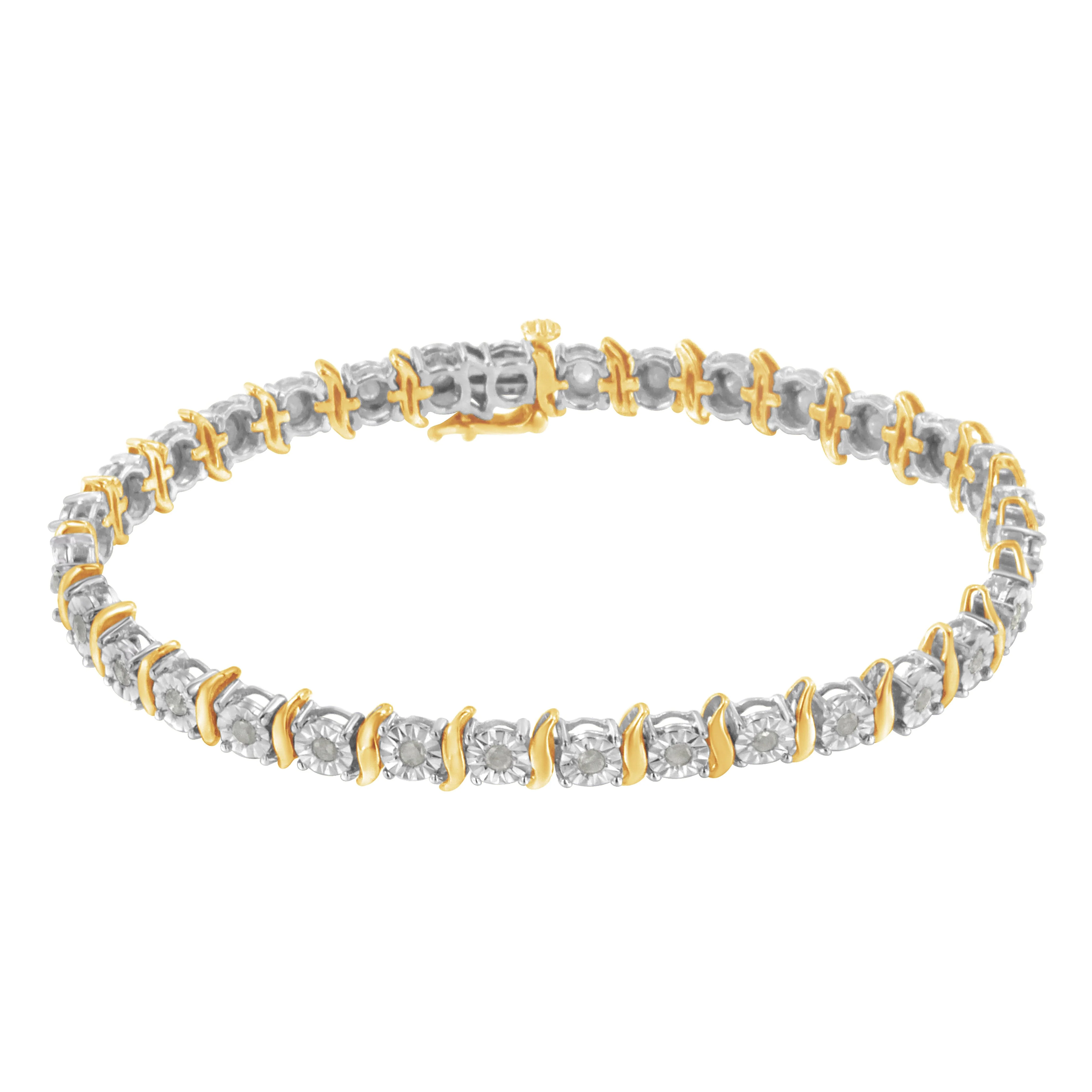 Two-Tone 10K Yellow Gold over .925 Sterling Silver 1.0 Cttw Diamond S-Curve Link Miracle-Set Tennis Bracelet (I-J Color, I3 Clarity) - 7" - Image 11