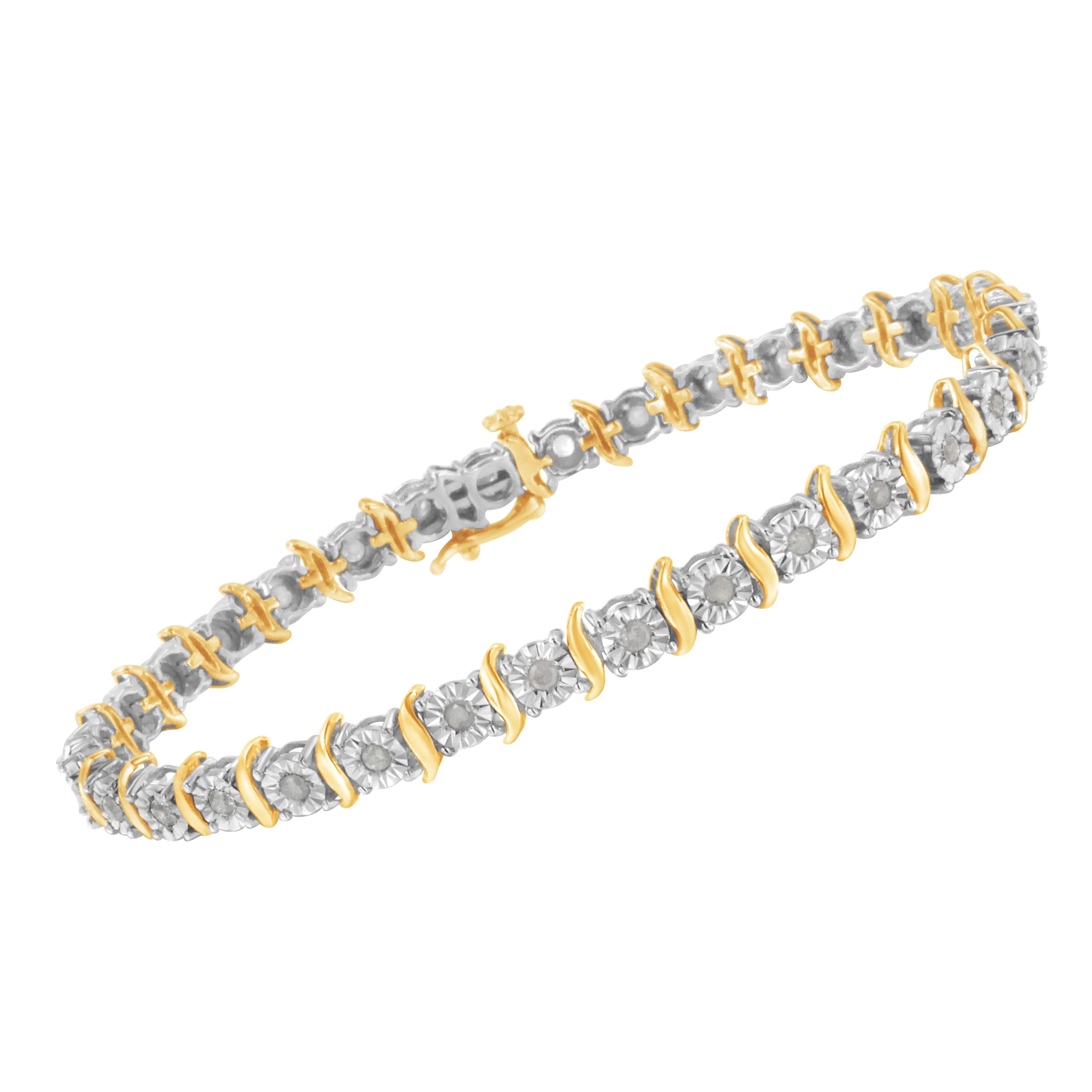 Two-Tone 10K Yellow Gold over .925 Sterling Silver 1.0 Cttw Diamond S-Curve Link Miracle-Set Tennis Bracelet (I-J Color, I3 Clarity) - 7" - Image 12