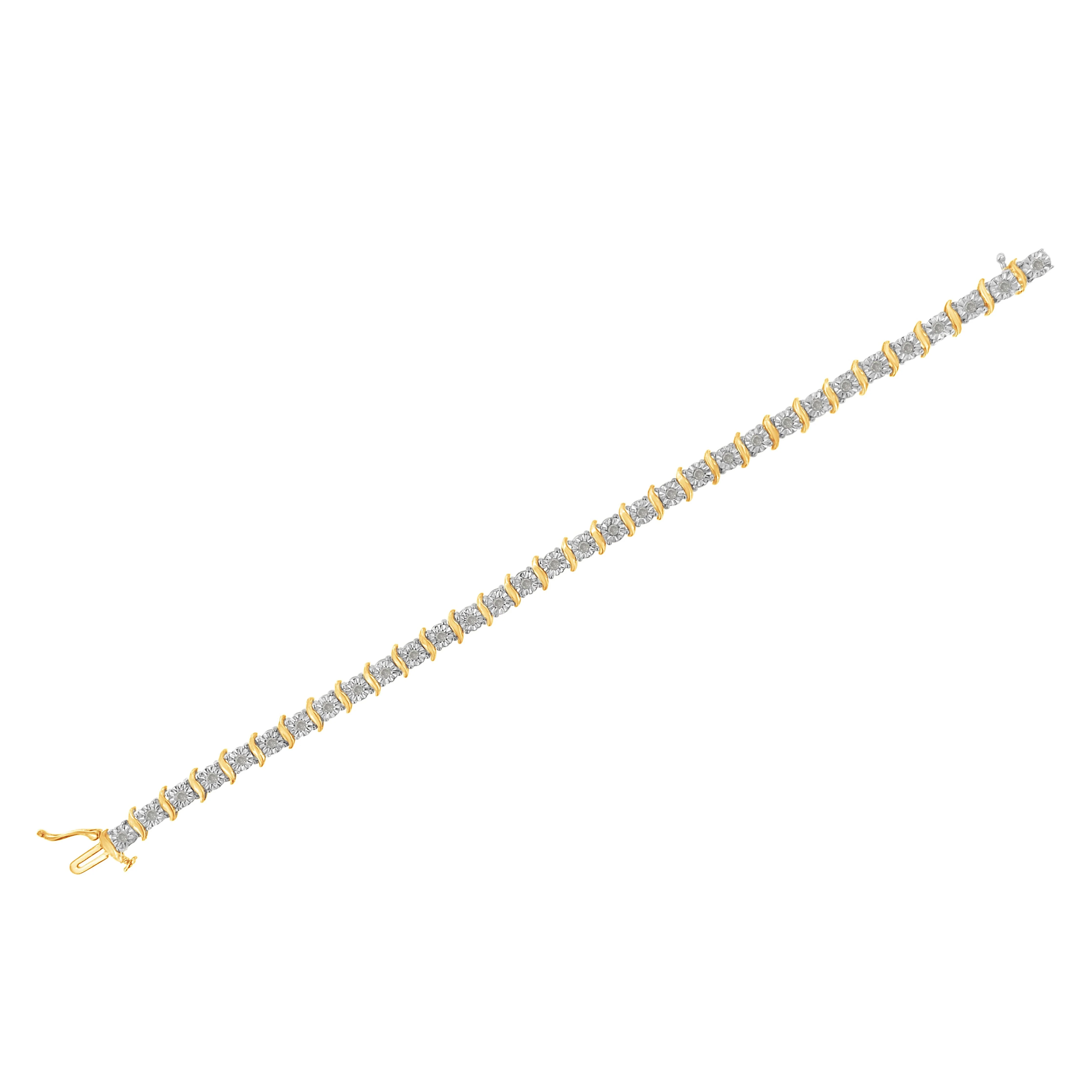 Two-Tone 10K Yellow Gold over .925 Sterling Silver 1.0 Cttw Diamond S-Curve Link Miracle-Set Tennis Bracelet (I-J Color, I3 Clarity) - 7" - Image 14