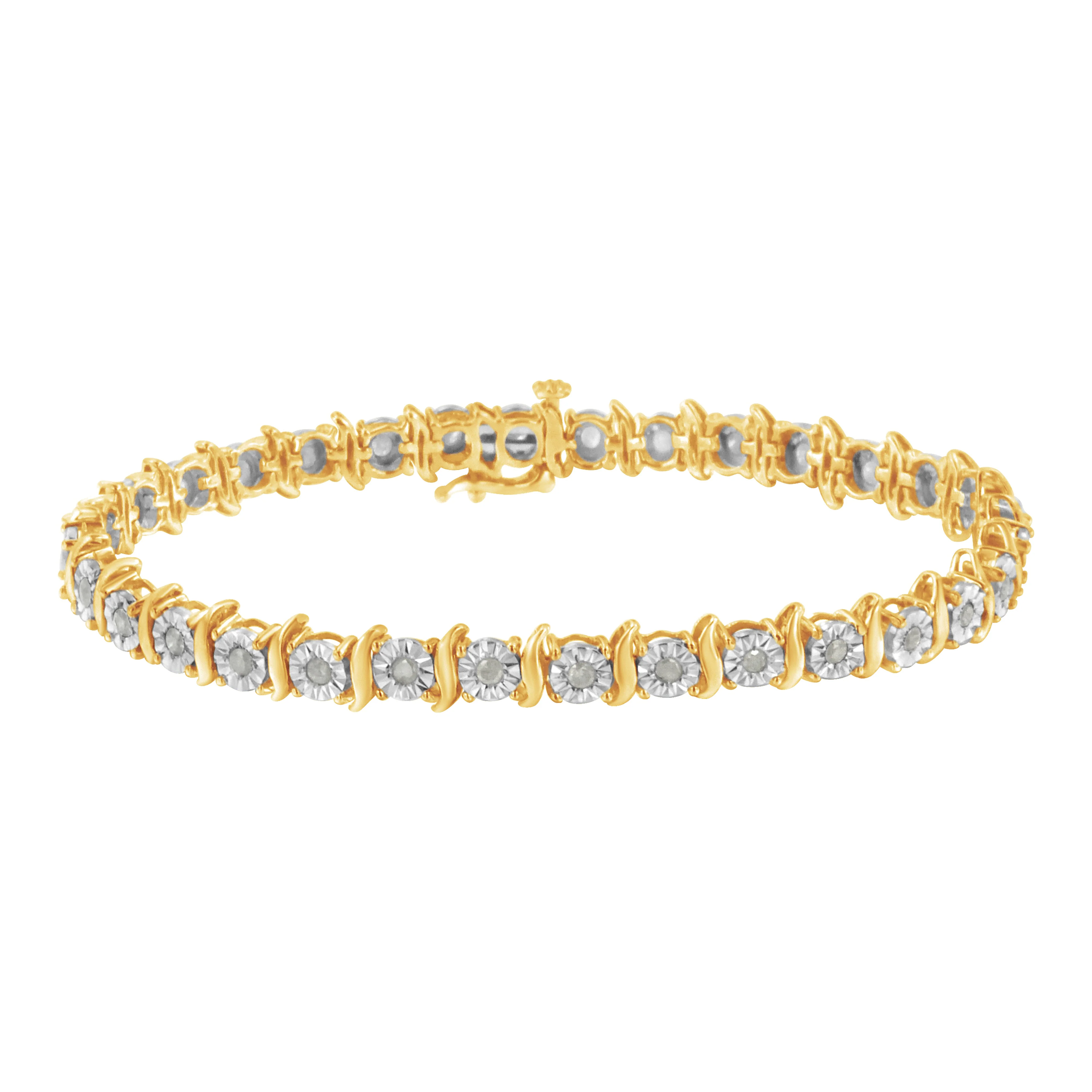 Two-Tone 10K Yellow Gold over .925 Sterling Silver 1.0 Cttw Diamond S-Curve Link Miracle-Set Tennis Bracelet (I-J Color, I3 Clarity) - 7" - Image 3