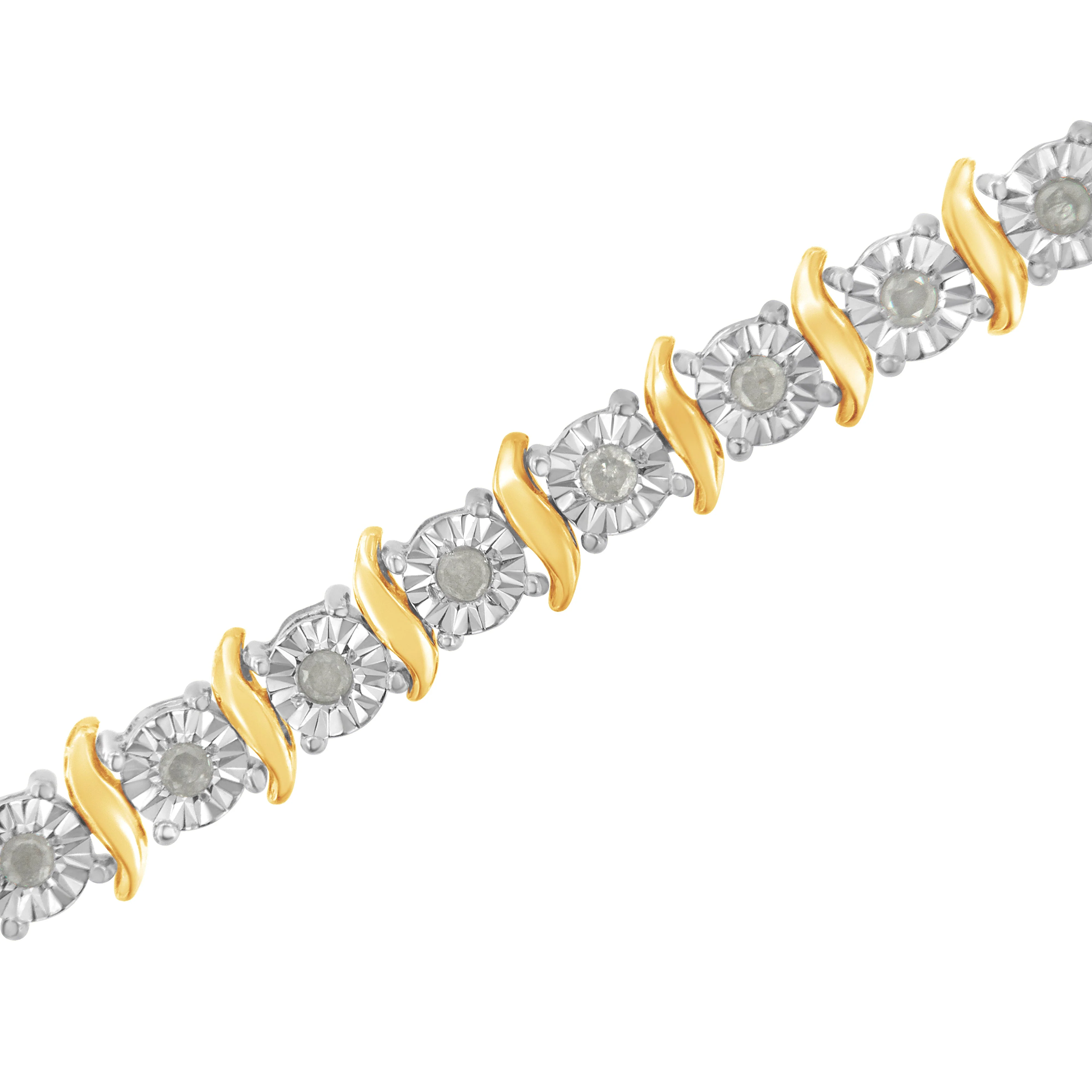 Two-Tone 10K Yellow Gold over .925 Sterling Silver 1.0 Cttw Diamond S-Curve Link Miracle-Set Tennis Bracelet (I-J Color, I3 Clarity) - 7" - Image 8