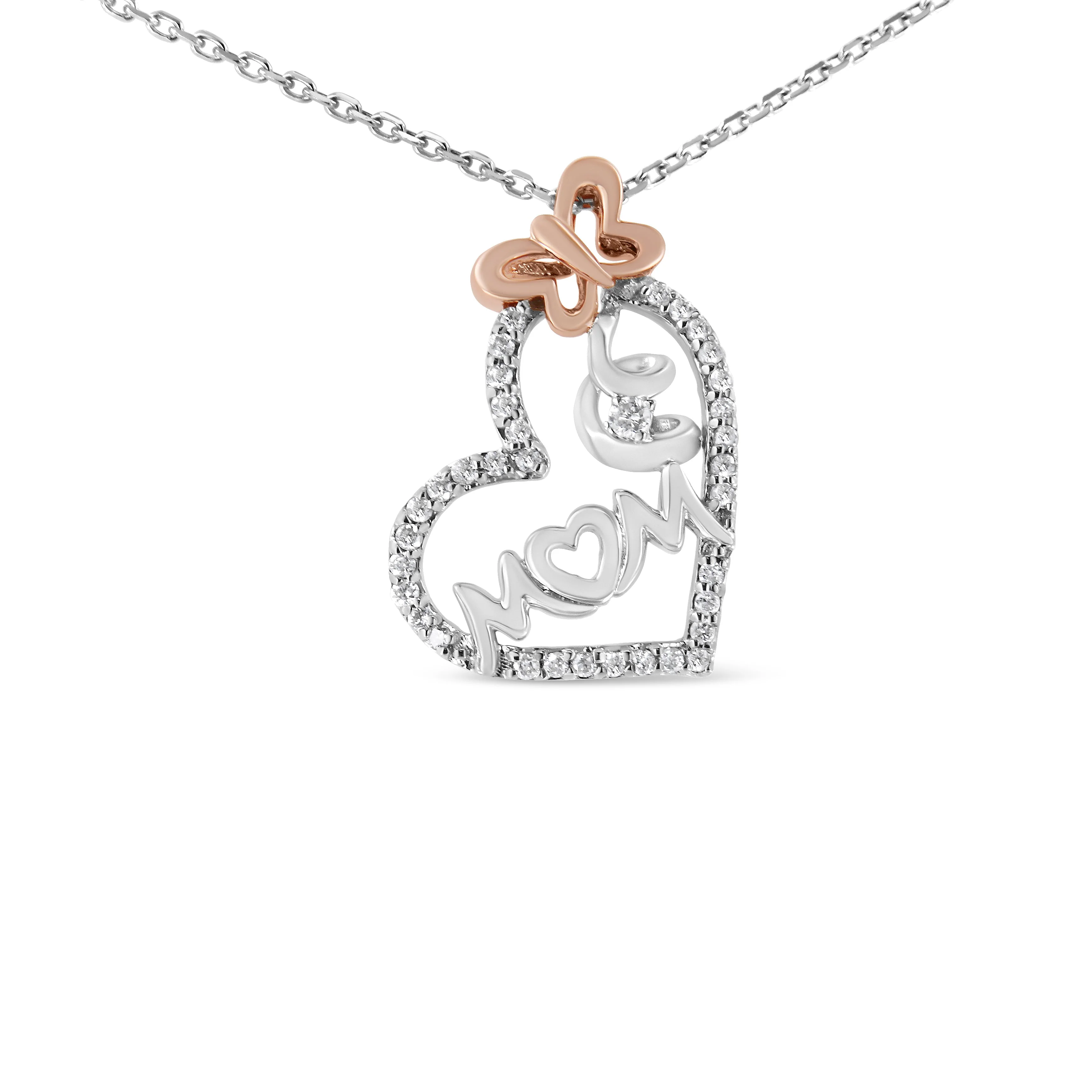 Two Tone .925 Sterling Silver 1/5 cttw Diamond "Mom" and Heart Pendant Necklace (H-I, I1-I2) - Image 2