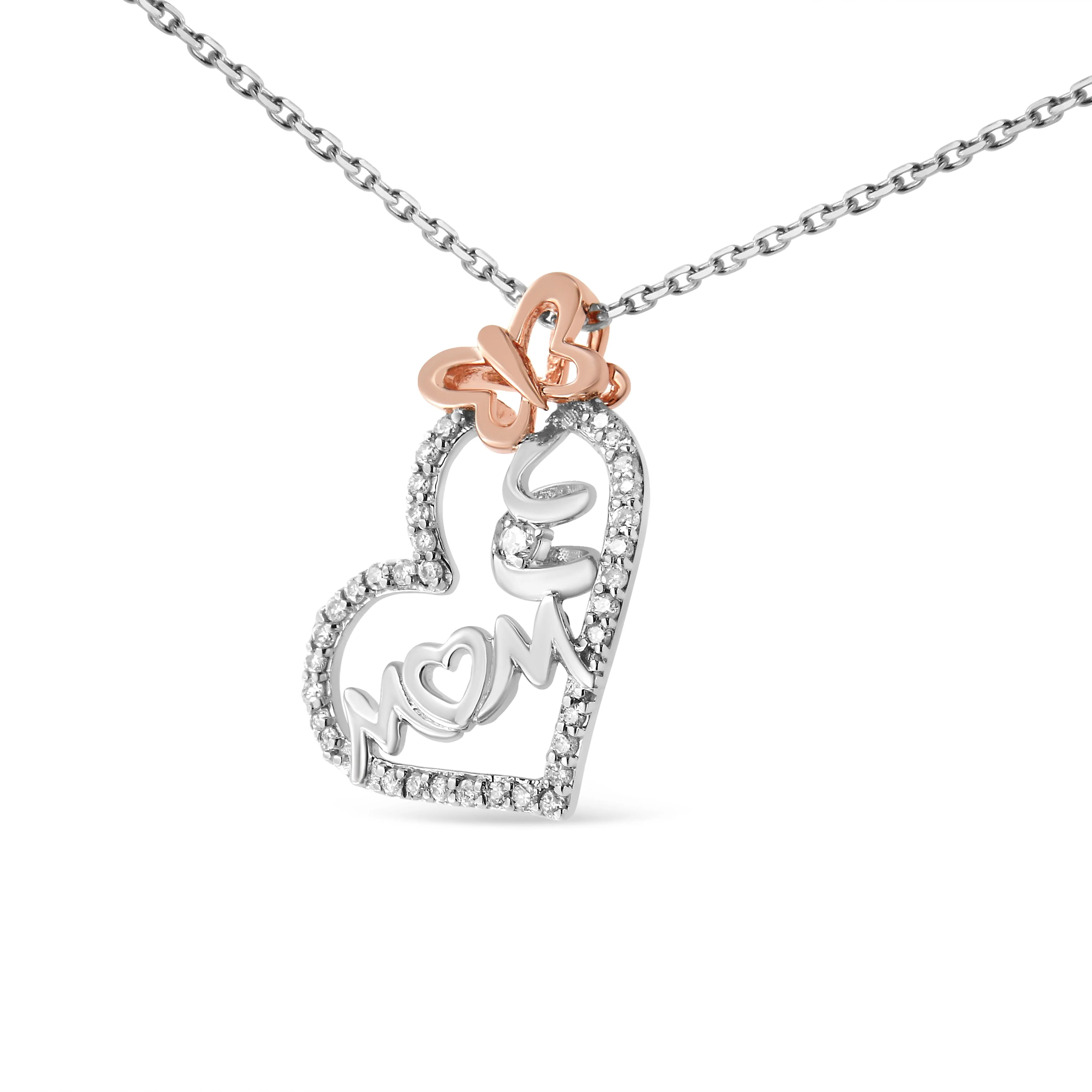 Two Tone .925 Sterling Silver 1/5 cttw Diamond "Mom" and Heart Pendant Necklace (H-I, I1-I2) - Image 3