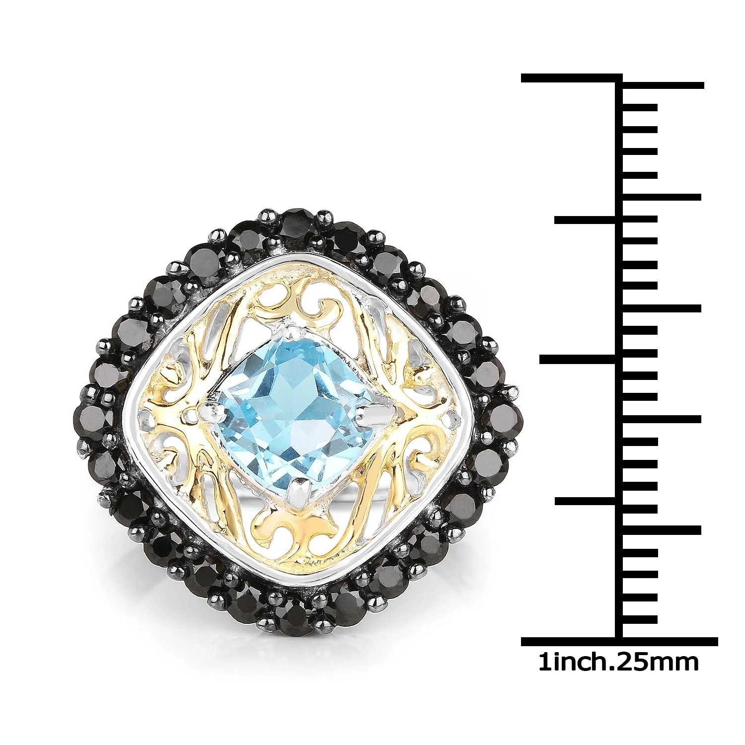 Two Tone Plated 2.85 Carat Genuine Swiss Blue Topaz and Black Spinel .925 Sterling Silver Ring - Image 3