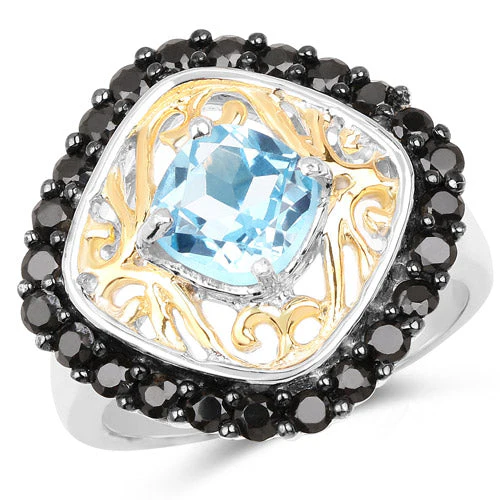 Two Tone Plated 2.85 Carat Genuine Swiss Blue Topaz and Black Spinel .925 Sterling Silver Ring - Image 4
