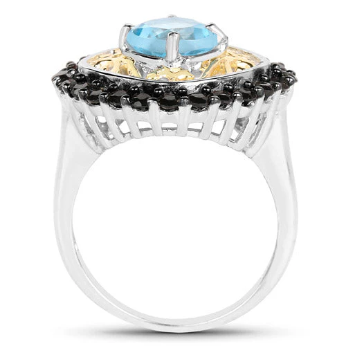 Two Tone Plated 2.85 Carat Genuine Swiss Blue Topaz and Black Spinel .925 Sterling Silver Ring - Image 5