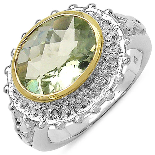Two Tone Plated 4.16 Carat Genuine Green Amethyst & White Topaz .925 Sterling Silver Ring - Image 4