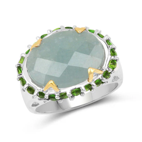 Two Tone Plated 9.12 Carat Genuine Milky Aquamarine and Chrome Diopside .925 Sterling Silver Ring - Image 4