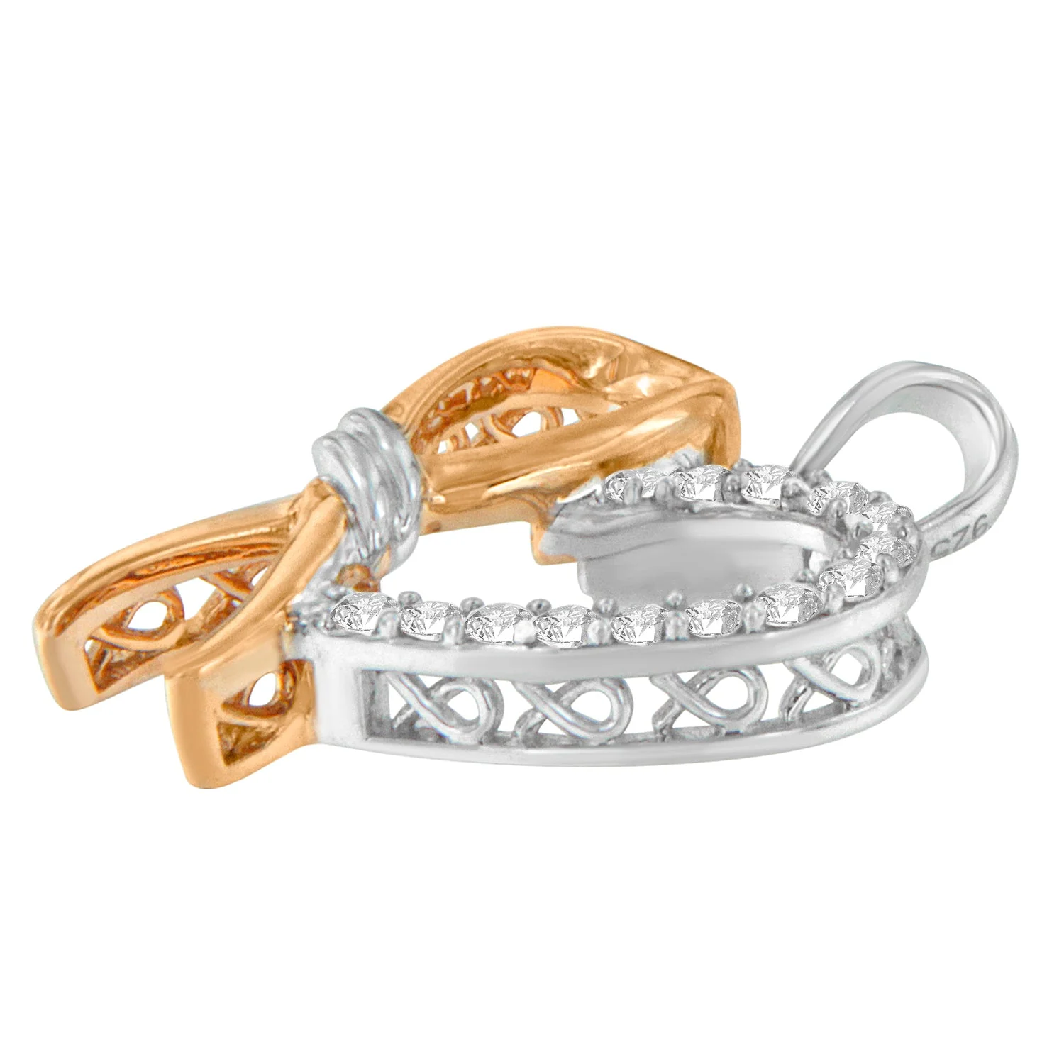 Two-Toned .925 Sterling Silver 1/5 cttw Round Cut Diamond Ribbon Heart Accent Pendant Necklace (H-I, I2-I3) - Image 3