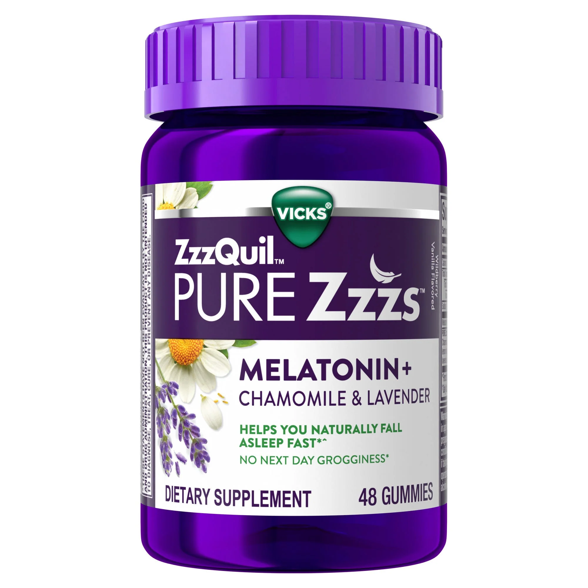 Vicks Zzzquil Pure Zzzs Melatonin Gummies, Sleep Aid, With Chamomile & Lavender, Aids For Adults, Wildberry Vanilla Flavored, 48