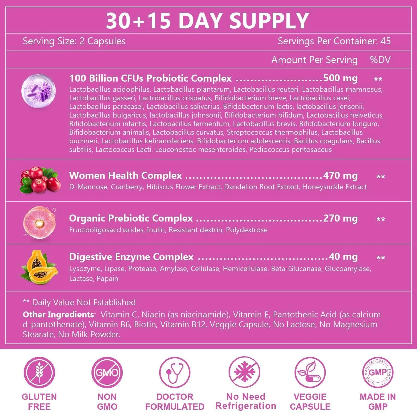 Women’s Gut Health Probiotics, 100 Billion CFUs, 90 Veggie Capsules - Image 6
