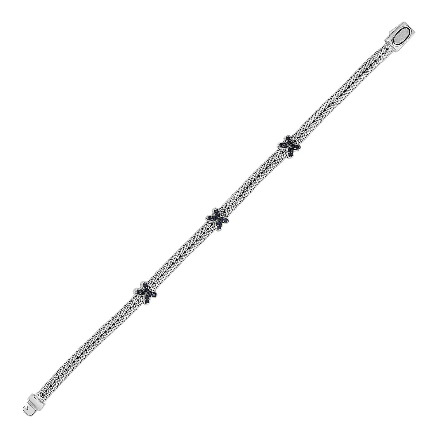 Woven Rope Bracelet with Black Sapphire X Accents in Sterling Silver - Image 3