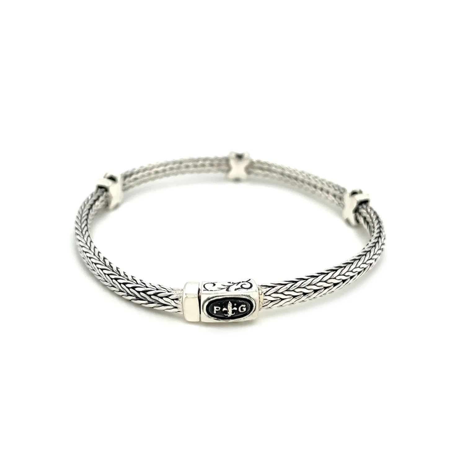 Woven Rope Bracelet with Black Sapphire X Accents in Sterling Silver - Image 5