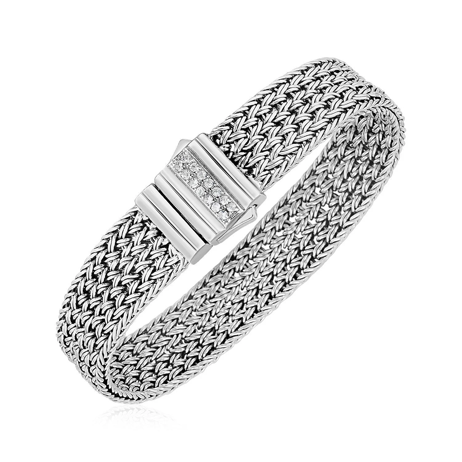 Woven Rope Bracelet with White Sapphire Accented Clasp in Sterling Silver - Image 2