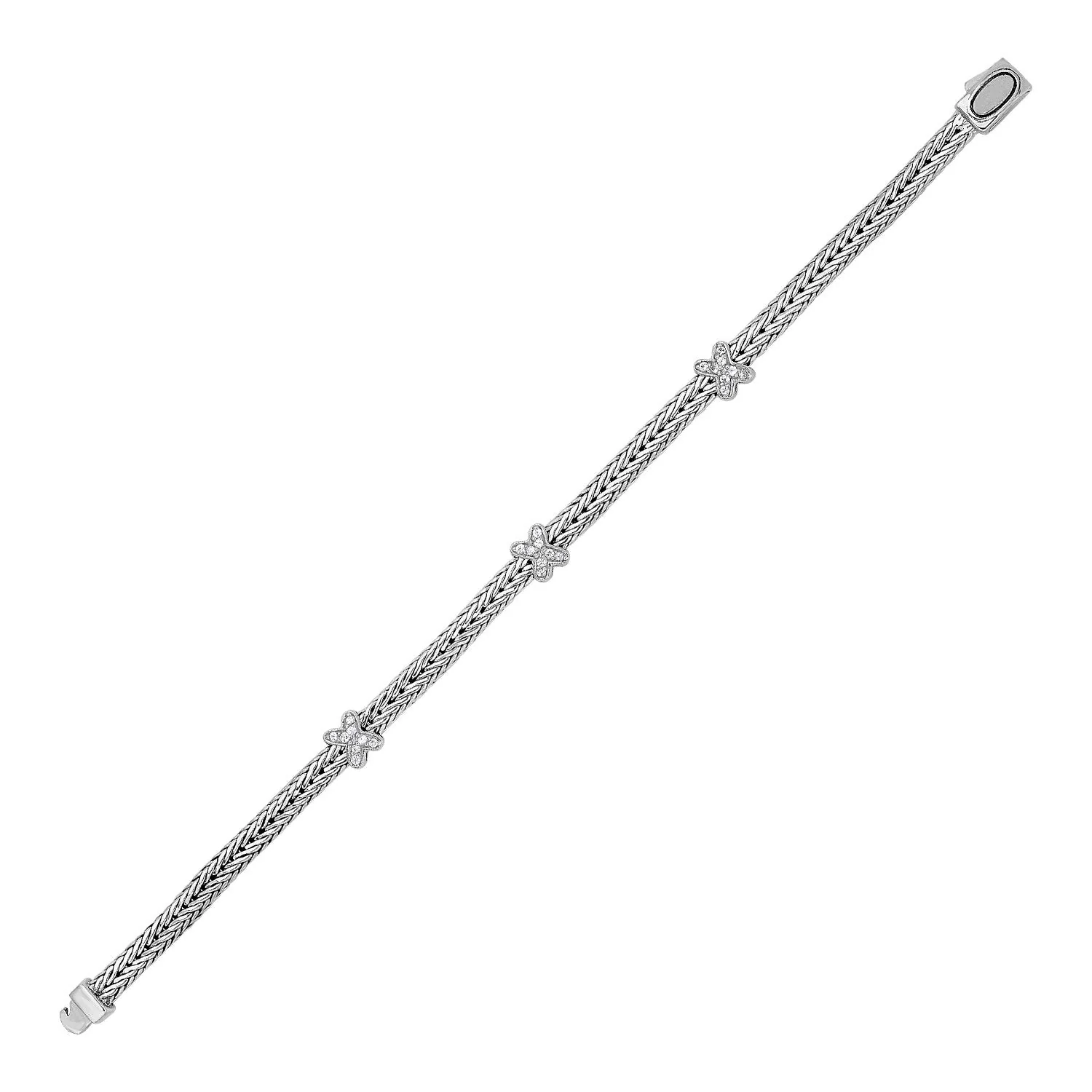 Woven Rope Bracelet with White Sapphire X Accents in Sterling Silver - Image 3